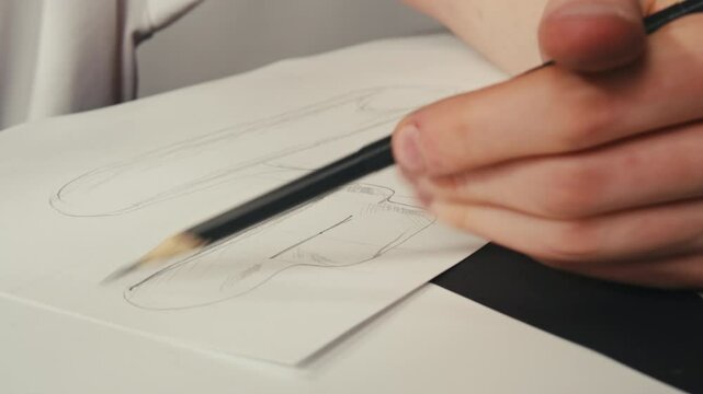 Young man artist is drawing chair, sofa by pencil on white paper . The designer making sketches for the projection of the furniture close-up. Drawing and sketching lessons