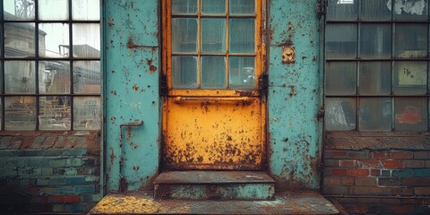 An aged industrial door painted in fading blue and yellow hues, surrounded by rust and large windows, embodies an evocative, historical urban atmosphere