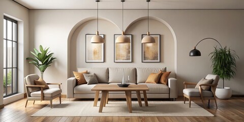 Modern Living Room Interior Design with Arched Wall and Wooden Floor, interior design, living room design
