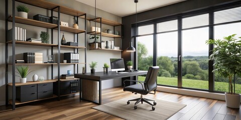 Modern Home Office Interior Design with Black Desk and Window View, interior design, home office