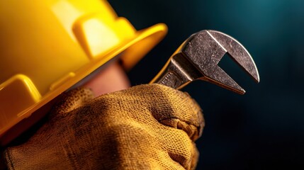 Hardhats and Tools A close up of a worker hands in gloves, holding a wrench, with a hardhat visible nearby, emphasizing hands on work in industrial settings.