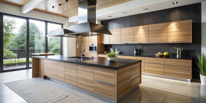 Modern Kitchen Island with Black Countertop and Wooden Cabinets, Kitchen Design , Interior Design