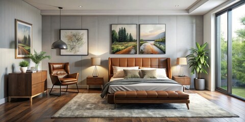 Modern Bedroom Interior with Leather Bed and Nature Artwork, interior design, bedroom design