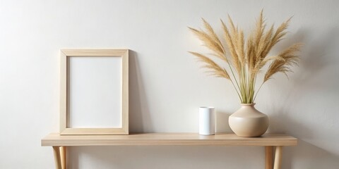 Minimalist Wooden Shelf with Pampas Grass and Frame, Minimalist Decor, Interior Design, Home Decor