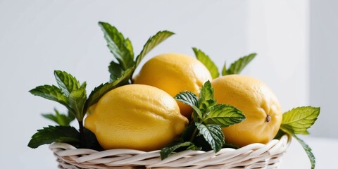 Fresh Lemons and Mint in Woven Basket Display.
