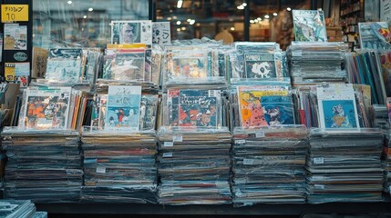 Fototapeta premium Stacks of Vintage Comics Graphic Novels at Outdoor Bookstore
