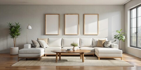 Minimalist Living Room with White Sofa and Wooden Coffee Table, interior design , modern living room