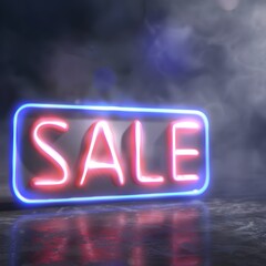 Neon "SALE" sign glowing in foggy atmosphere on reflective surface, modern promotional design, ideal for Cyber Monday and holiday discounts
