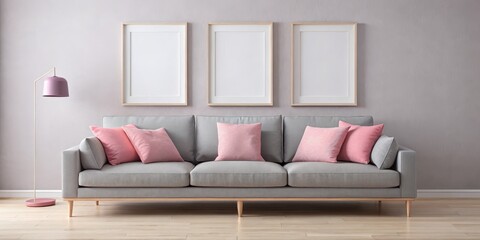 Minimalist Living Room with Grey Sofa and Pink Pillows, Mockup , Interior Design , Living Room