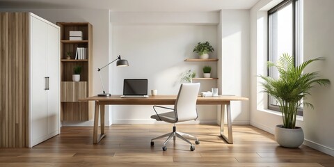 Minimalist Home Office with Wooden Desk and White Chair, Interior Design, Home Decor, Office Design, Home Office ,interior design ,home decor
