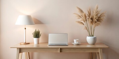 Minimalist Home Office Desk with Laptop, Lamp, and Pampas Grass, interior design, home decor ,workspace