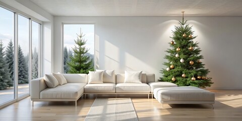Minimalist Christmas Living Room with White Sofa and Decorated Tree, interior design, christmas decor
