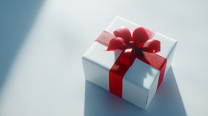 White gift box with red ribbon bow isolated on white background.