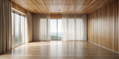 Obraz premium Empty Modern Room with Wood Panels and Large Windows, Interior Design, Minimalism ,interior design, minimalist