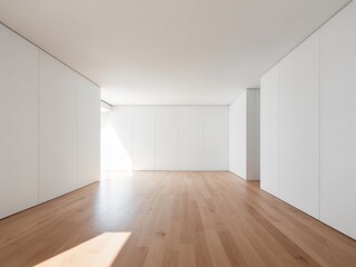 Fototapeta premium Bright empty room with white walls and wooden floor.