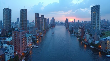 Fototapeta premium A stunning cityscape captures the vibrant essence of urban buildings and waterways at sunset, highlighting the harmonious blend of architecture and nature