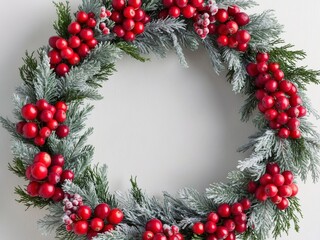 Festive oval wreath adorned with vibrant red berries and frosted greenery perfect for holiday decoration.