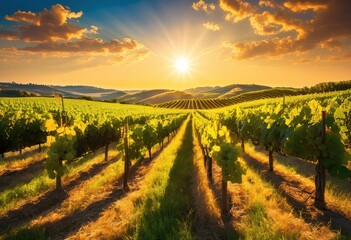 Fototapeta premium vibrant vineyard landscape showcasing sun kissed grapes bathed warm golden light lush green foliage blue sky, sunlight, hills, agriculture, harvest
