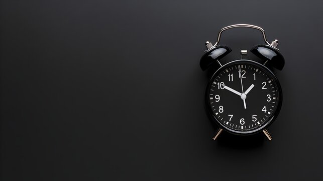 Classic black alarm clock on minimal black background, perfect for time-related concepts, deadlines, punctuality, and schedules, isolated with ample copy space