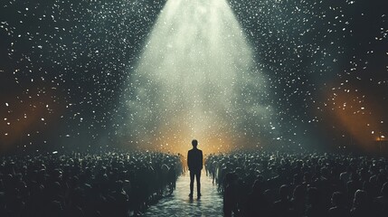 Obraz premium Solitary Figure Amidst a Crowd, Illuminated by Spotlight and Confetti