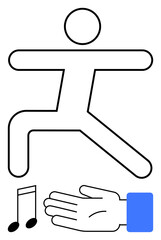 Stick figure dancing beside a musical note and a clapping hand. Ideal for music, dance, celebration, motion, fitness, rhythm, fun. Line metaphor