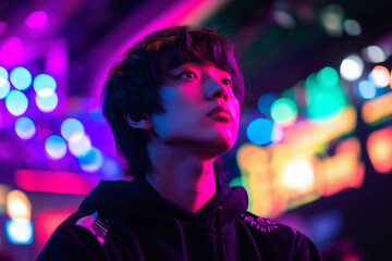 Young person immersed in vibrant lights during a nighttime event in the city. Generative AI