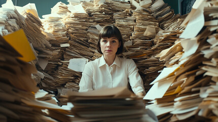Overwhelmed Woman in Her 40s Sitting Behind a Mountain of Paper Files and Written Requests