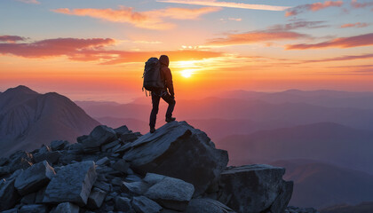 A lone hiker stands on a rugged mountain peak, witnessing a breathtaking sunrise. This scene captures a sense of adventure, solitude, and natural beauty in the great outdoors.