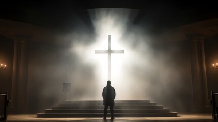 Naklejka premium A person in prayer before a cross, symbolizing faith and reflection with ample copy space