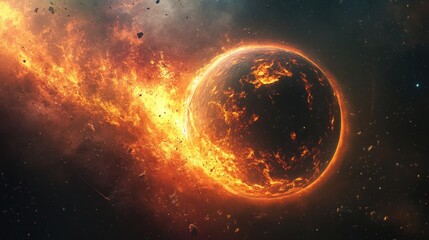 Obraz premium Close up view of a flaming comet colliding with the cold moon. Ai generated image