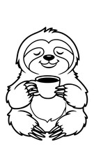 Obraz premium Cute Sloth Holding Coffee Black and White SVG Generative aI 