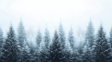 Serene winter wonderland snow-covered evergreen forest shrouded in mist.  Perfect for holiday, nature, or winter-themed projects.