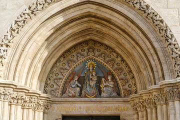 Fototapeta premium Beautiful Romanesque arch with colorful fresco in Budapest, Hungary