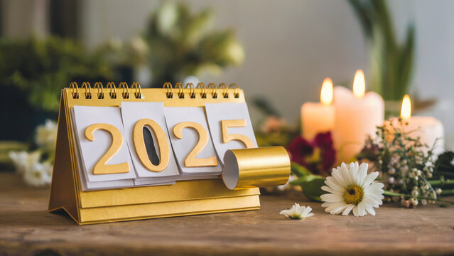 Welcome 2025. A golden '2025' calendar with the first page torn off. There are fresh flowers, candles, and a motivational quote for the new year next to the calendar. 2025 New Year.
