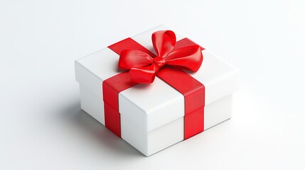 Obraz premium White gift box with red ribbon bow isolated on white background.