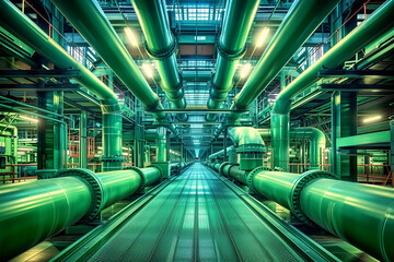 Fototapeta premium A vividly detailed photograph of an industrial interior featuring a complex network of large green pipelines