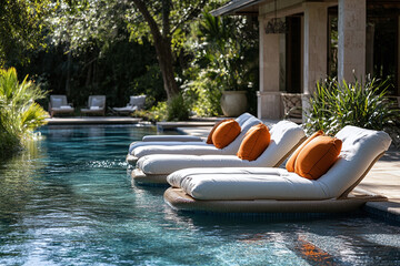 Floating pool loungers at waterside.