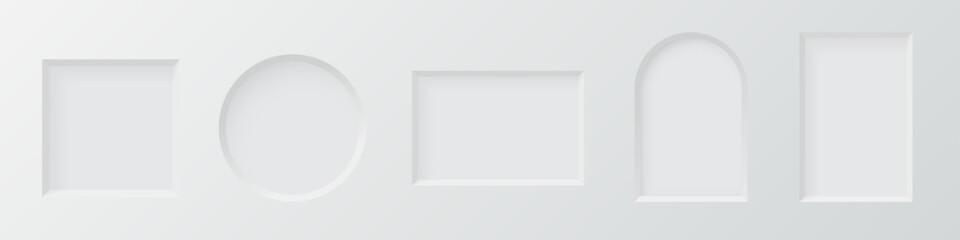 3d wall niches. Empty white square, round, rectangle, arch shelves. Display stand, showcase mockup. Showroom, gallery, studio or shop product presentation. Realistic vector illustration set.
