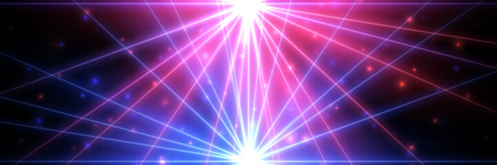 Obraz premium Blue-pink laser lights background. Color neon laser crossed beams isolated on black. Nightclub, disco, dance club, show, concert stage with illumination. Abstract futuristic vector illustration.