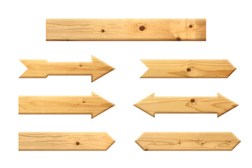 Wooden arrows pointers vector illustration set. Realistic wood sign posts. Blank arrows with wood texture.