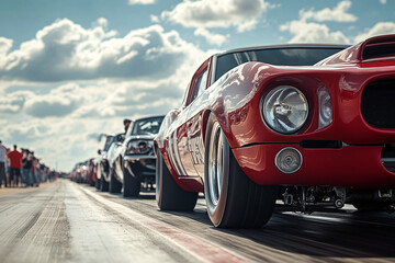 Race-ready cars at dragstrip starting line.