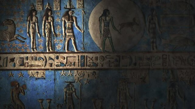 Light spot moving on hieroglyphic carvings and paintings on the interior walls of an ancient egyptian temple, 4k
