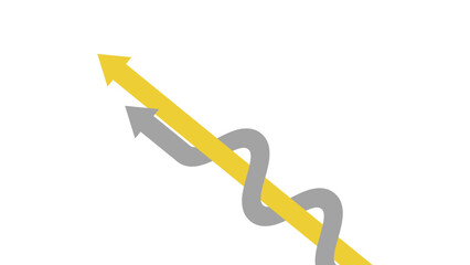 Yellow straight arrow and grey curved arrow crossing on a white background. They move diagonally, one slower than the other, symbolizing progress and alternative paths.