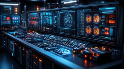 Obraz premium Futuristic Control Room with Monitors
