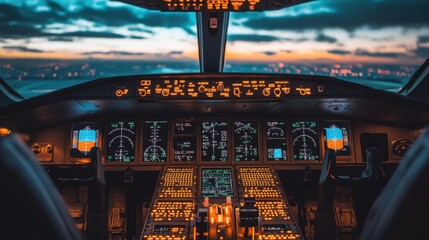 Airplane Cockpit Sunset Flight Controls Panel Dashboard Instruments