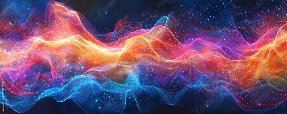 Poster colorful waves flowing through starry space background