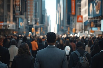 Fototapeta premium Times Square Gray Suit Anonymous Man Walking Among Skyscrapers