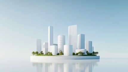 A holographic virtual tour of a city skyline designed with sustainable buildings and green spaces.
