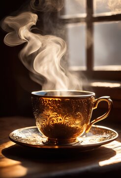 steaming brewed coffee elegant vintage cup surrounded cozy morning light, beverage, hot, caffeine, aroma, table, kitchen, ceramic, sipping, taste, drink