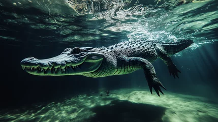 Gordijnen A crocodile swims gracefully underwater, showcasing its powerful body and sharp teeth. © doni